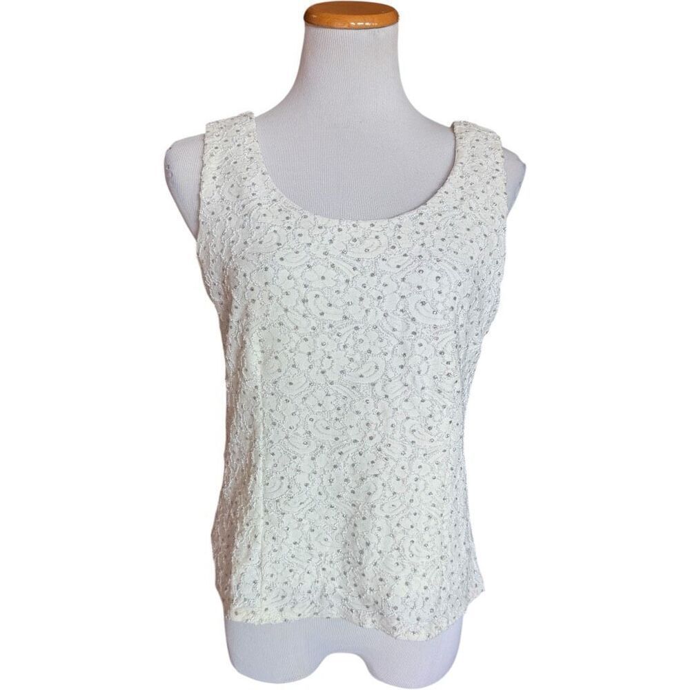 Womens R&M Richard Vintage White Sparkle & Stitched Sleeveless Blouse Top Sz 12